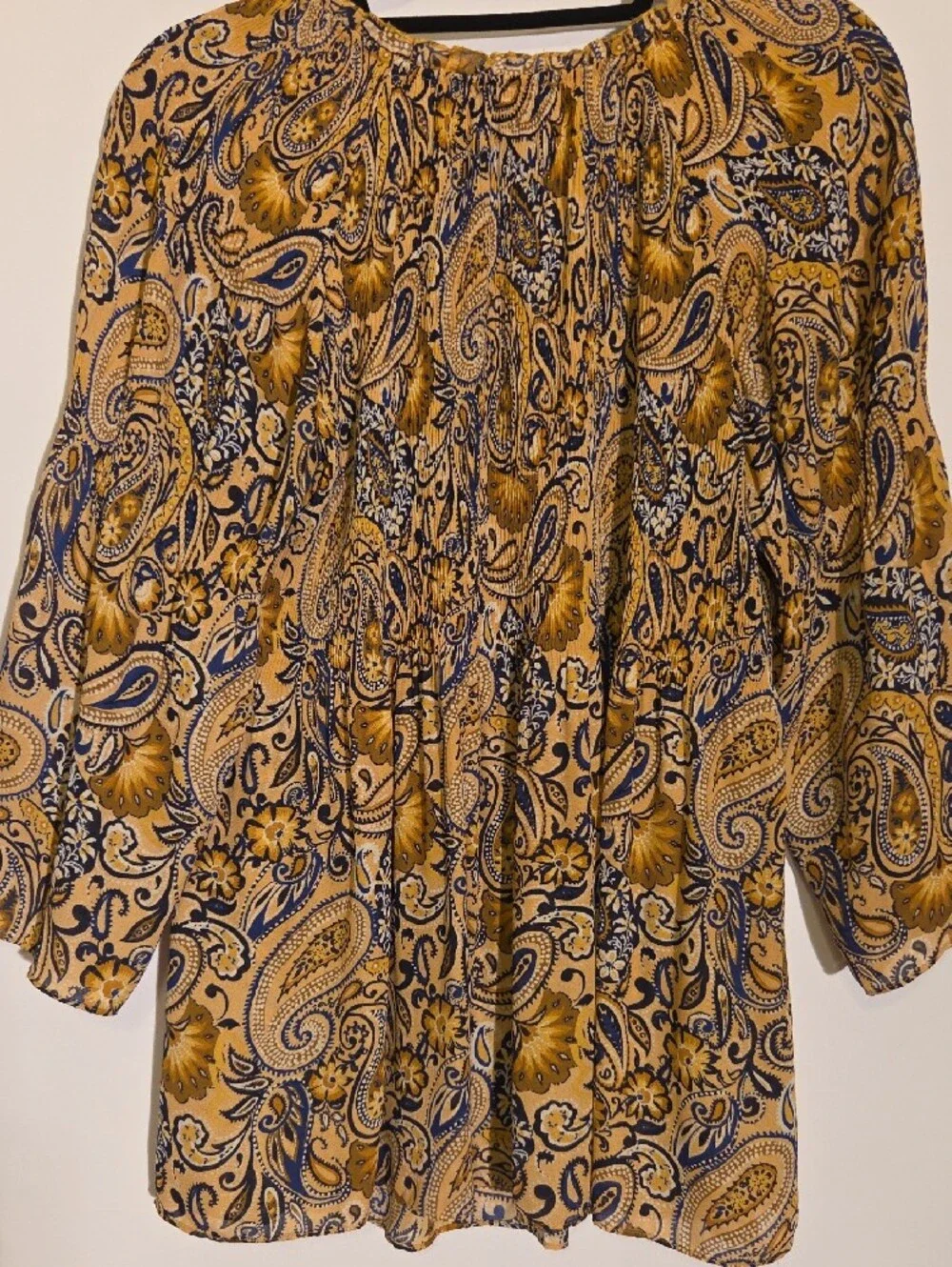 Paisley Peasant Blouse In A Mustard Yellow And Navy Blue